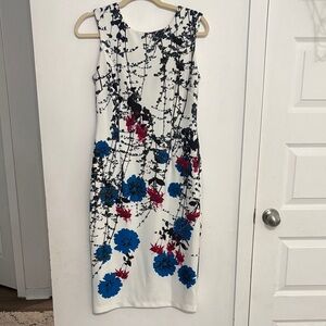 Worthington Floral Sleeveless Dress - White with Blue and Pink Accents